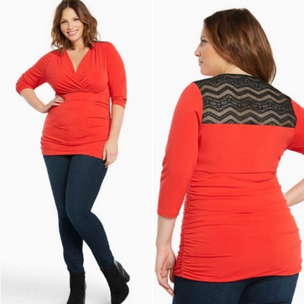 Torrid Shirred Lace Inset Surplice Top